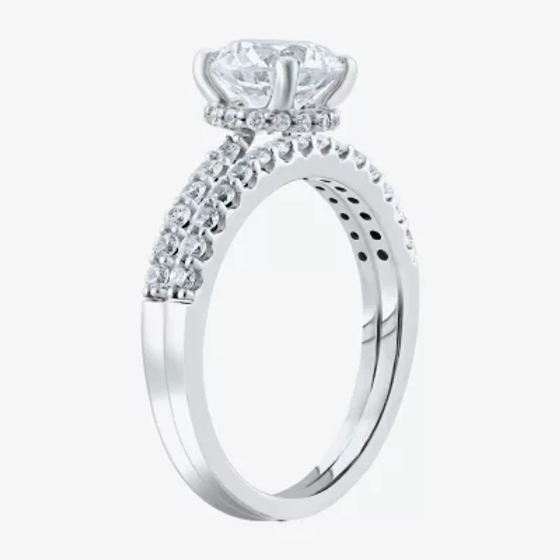 (G / Si2) Womens 2 CT. T.W. Lab Grown White Diamond 10K Gold Round Side Stone Bridal Set