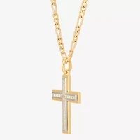 Mens White Cubic Zirconia 14K Gold Over Silver Cross 24 Inch Pendant Necklace