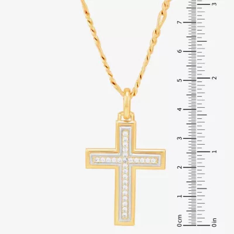 Mens White Cubic Zirconia 14K Gold Over Silver Cross 24 Inch Pendant Necklace