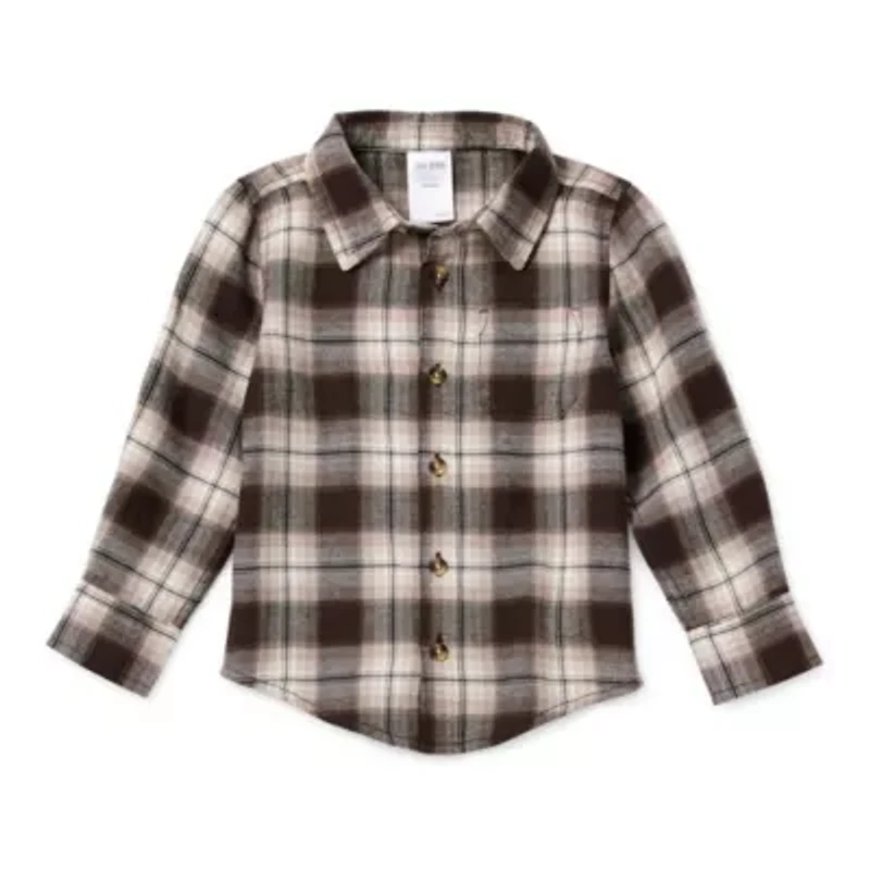 Okie Dokie Woven Plaid Toddler & Little Boys Crew Neck Long Sleeve Fitted Regular Fit Button-Down Shirt