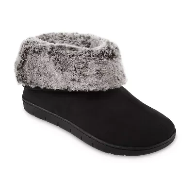 Isotoner Recycled Microsuede And Fur Womens Memory Foam Bootie Slippers