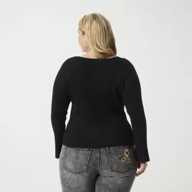 JS Jessica Simpson Plus Womens Split Tie Neck Long Sleeve Pullover Sweater