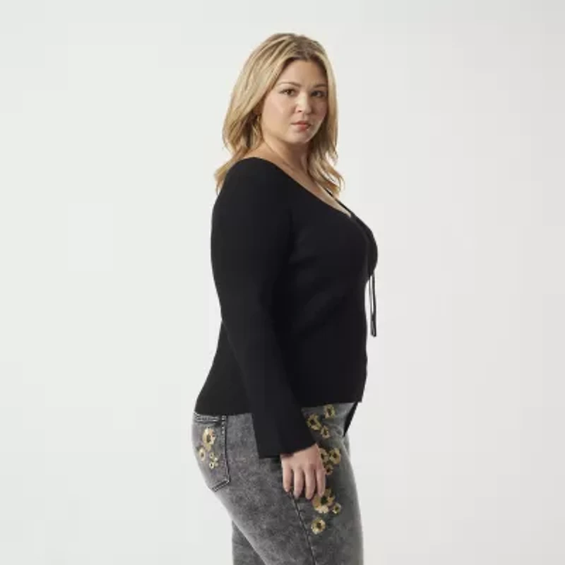JS Jessica Simpson Plus Womens Split Tie Neck Long Sleeve Pullover Sweater