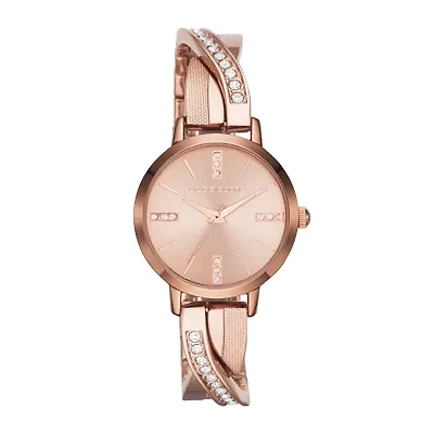 Liz Claiborne Womens Rose-Tone & Crystal-Accent Twisted Bangle Watch