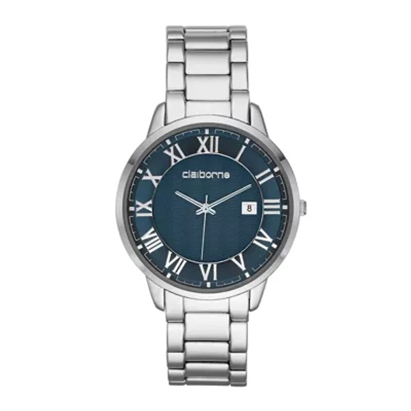 Claiborne® Mens Silver-Tone Blue Dial Watch