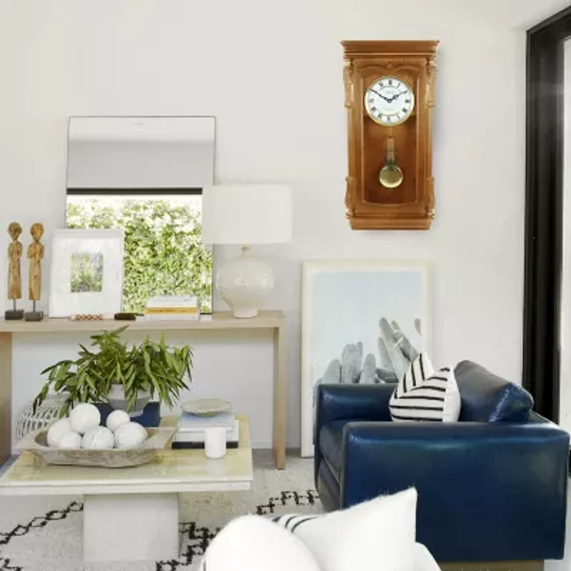 Bedford Clock Collection Golden Oak Chiming Pendulum Wall Clock