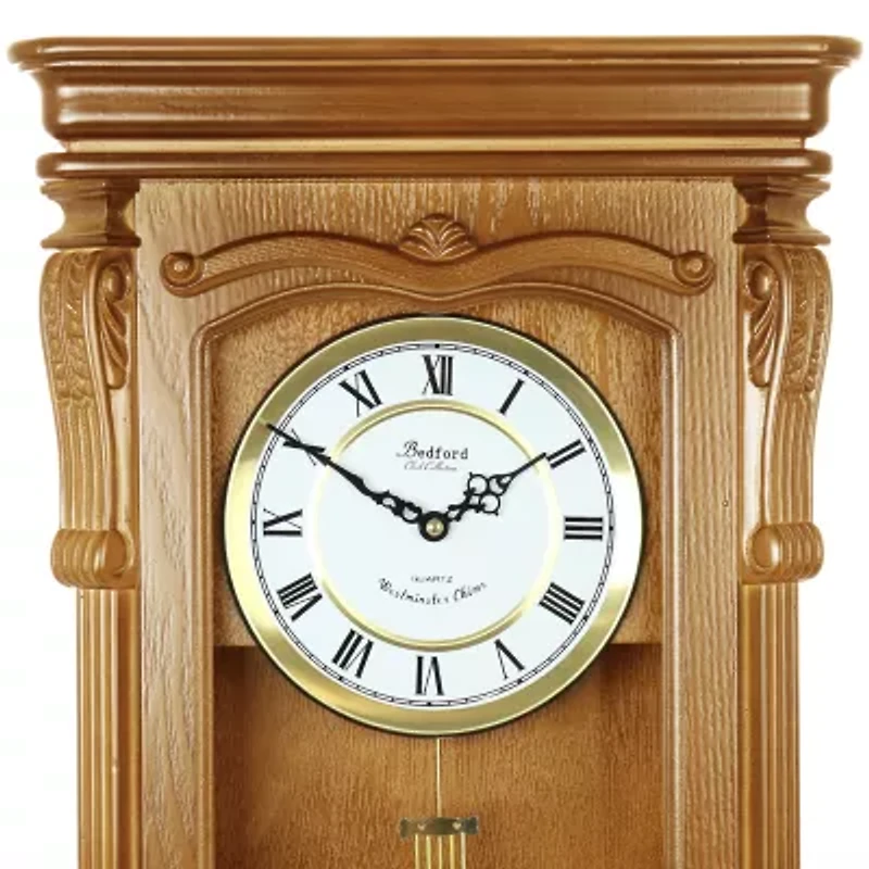 Bedford Clock Collection Golden Oak Chiming Pendulum Wall Clock