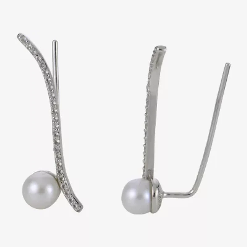 5.5-6Mm Cultured Freshwater Pearl And Genuine White Topsz Sterling Silver Climber Earrings