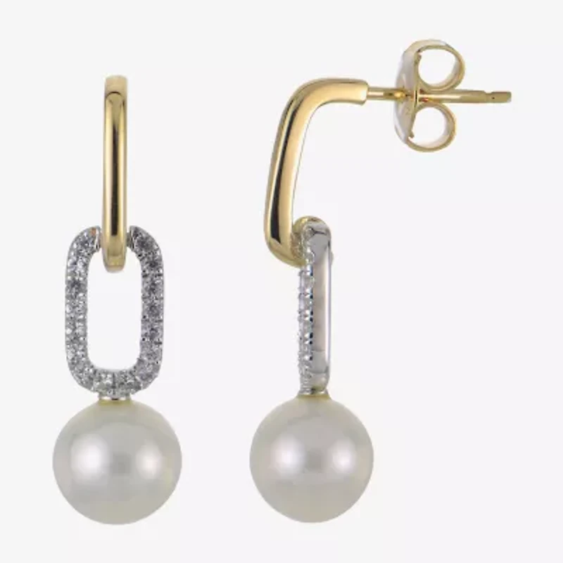 Womens White Cultured Freshwater Pearl 14K Two Tone Gold Over Silver Paperclip Drop Earrings