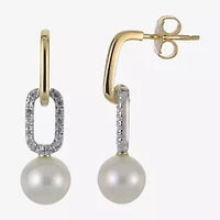 Womens White Cultured Freshwater Pearl 14K Two Tone Gold Over Silver Paperclip Drop Earrings