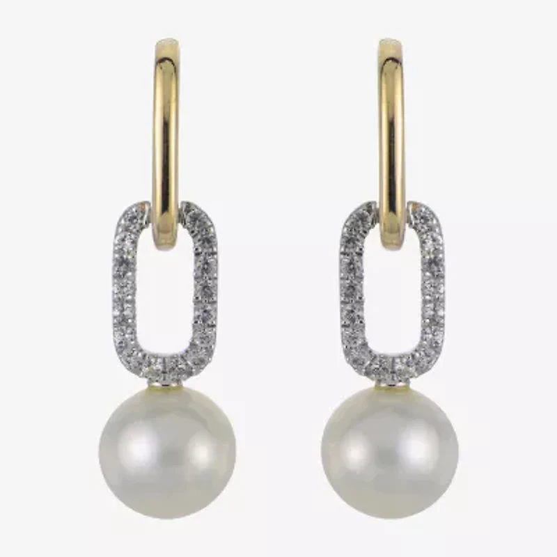 Womens White Cultured Freshwater Pearl 14K Two Tone Gold Over Silver Paperclip Drop Earrings