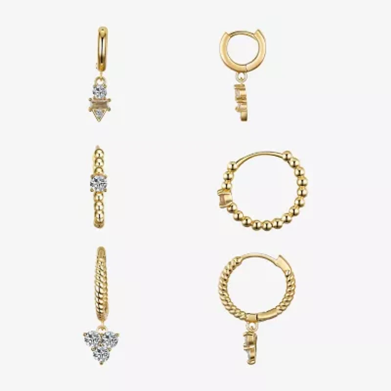 Silver Reflections Womens Cubic Zirconia 10K Gold Over Brass 3 Pair Earring Set