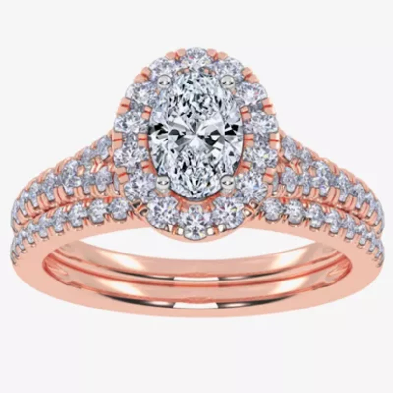 (G / Vs2-Si1) Womens 1 CT. T.W. Lab Grown White Diamond 10K Rose Gold Oval Side Stone Halo Bridal Set