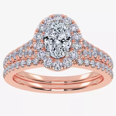 (G / Vs2-Si1) Womens 1 CT. T.W. Lab Grown White Diamond 10K Rose Gold Oval Side Stone Halo Bridal Set