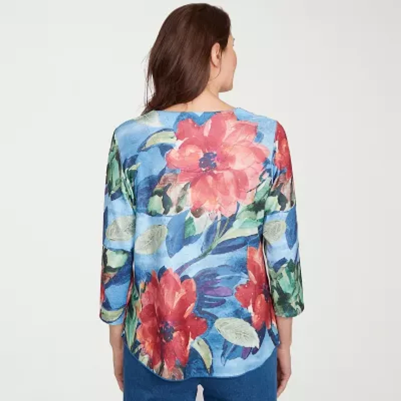 Alfred Dunner El Paso Womens V Neck 3/4 Sleeve T-Shirt