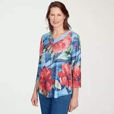 Alfred Dunner El Paso Womens V Neck 3/4 Sleeve T-Shirt