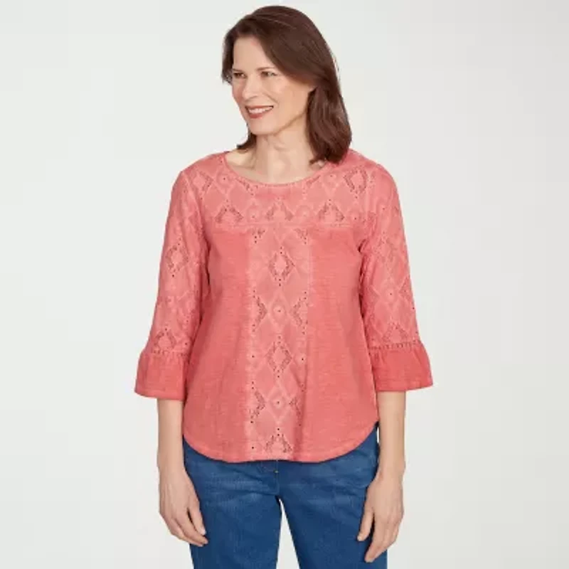 Alfred Dunner El Paso Womens Crew Neck 3/4 Sleeve T-Shirt