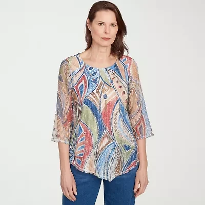 Alfred Dunner El Paso Womens Crew Neck 3/4 Sleeve T-Shirt