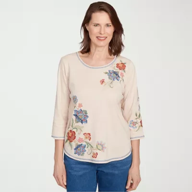 Alfred Dunner El Paso Womens Crew Neck 3/4 Sleeve T-Shirt