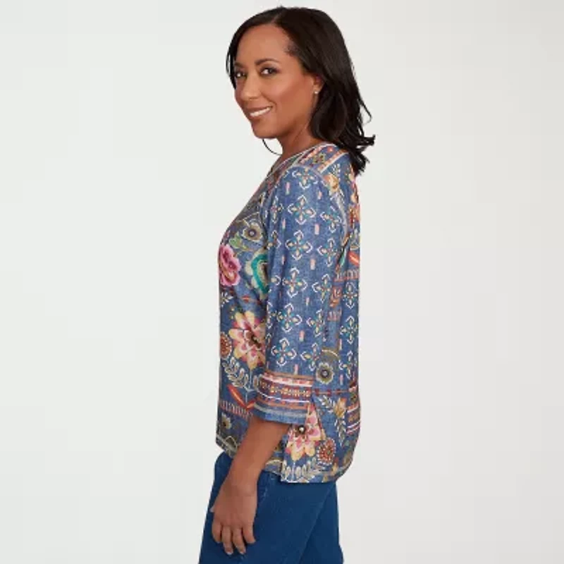 Alfred Dunner El Paso Womens Crew Neck 3/4 Sleeve T-Shirt