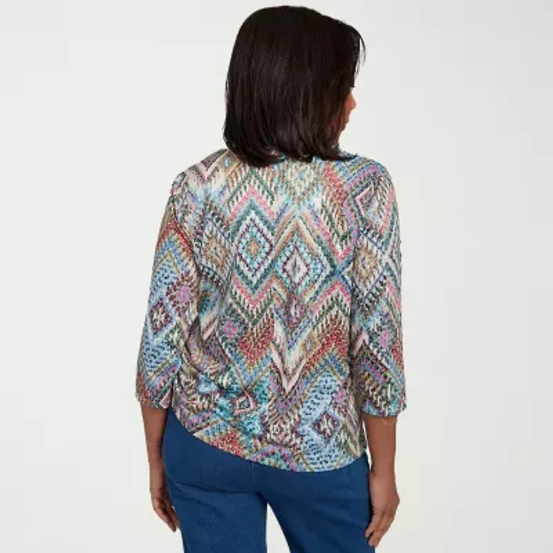 Alfred Dunner El Paso Womens Crew Neck 3/4 Sleeve T-Shirt