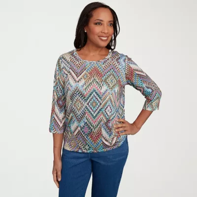 Alfred Dunner El Paso Womens Crew Neck 3/4 Sleeve T-Shirt