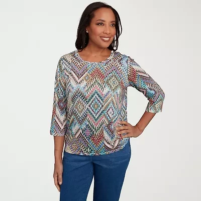 Alfred Dunner El Paso Womens Crew Neck 3/4 Sleeve T-Shirt