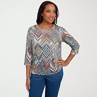 Alfred Dunner El Paso Womens Crew Neck 3/4 Sleeve T-Shirt