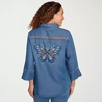 Alfred Dunner El Paso Womens 3/4 Sleeve Flutter Embroidered Button-Down Shirt