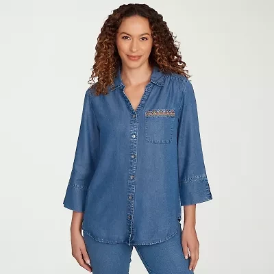 Alfred Dunner El Paso Womens 3/4 Sleeve Flutter Embroidered Button-Down Shirt
