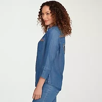 Alfred Dunner El Paso Womens 3/4 Sleeve Flutter Embroidered Button-Down Shirt