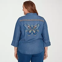Alfred Dunner El Paso Womens 3/4 Sleeve Flutter Embroidered Plus Button-Down Shirt