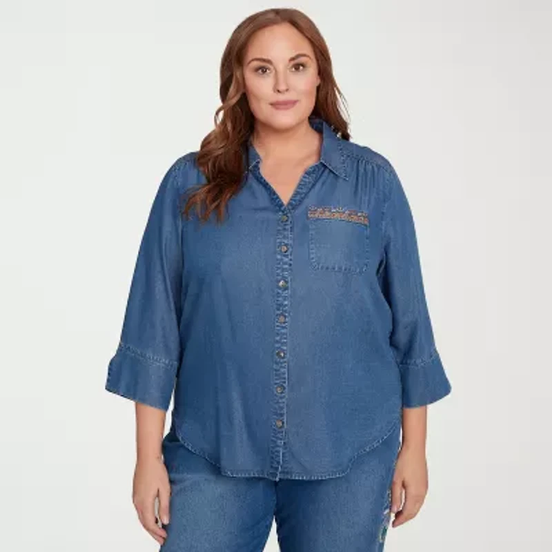 Alfred Dunner El Paso Womens 3/4 Sleeve Flutter Embroidered Plus Button-Down Shirt