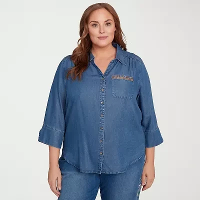 Alfred Dunner El Paso Womens 3/4 Sleeve Flutter Embroidered Plus Button-Down Shirt