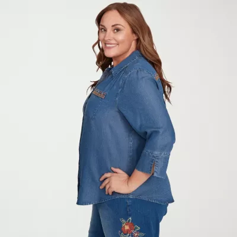 Alfred Dunner El Paso Womens 3/4 Sleeve Flutter Embroidered Plus Button-Down Shirt