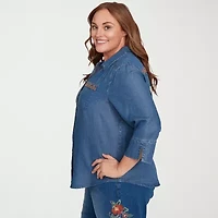 Alfred Dunner El Paso Womens 3/4 Sleeve Flutter Embroidered Plus Button-Down Shirt