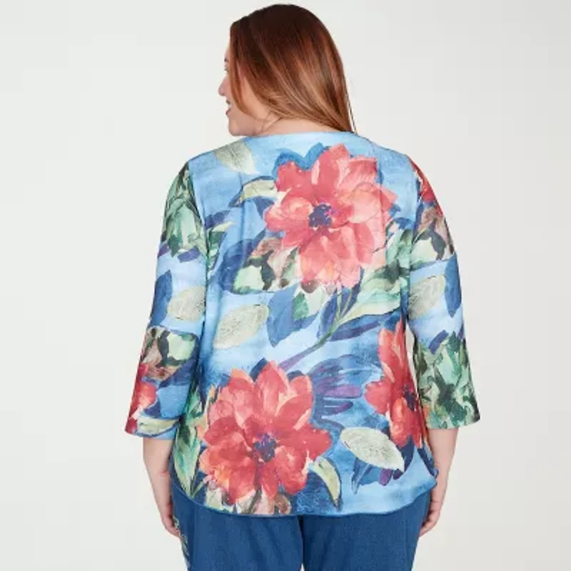 Alfred Dunner El Paso Womens V Neck 3/4 Sleeve Plus T-Shirt