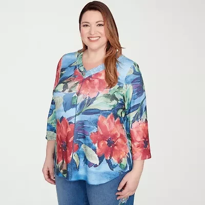 Alfred Dunner El Paso Womens V Neck 3/4 Sleeve Plus T-Shirt