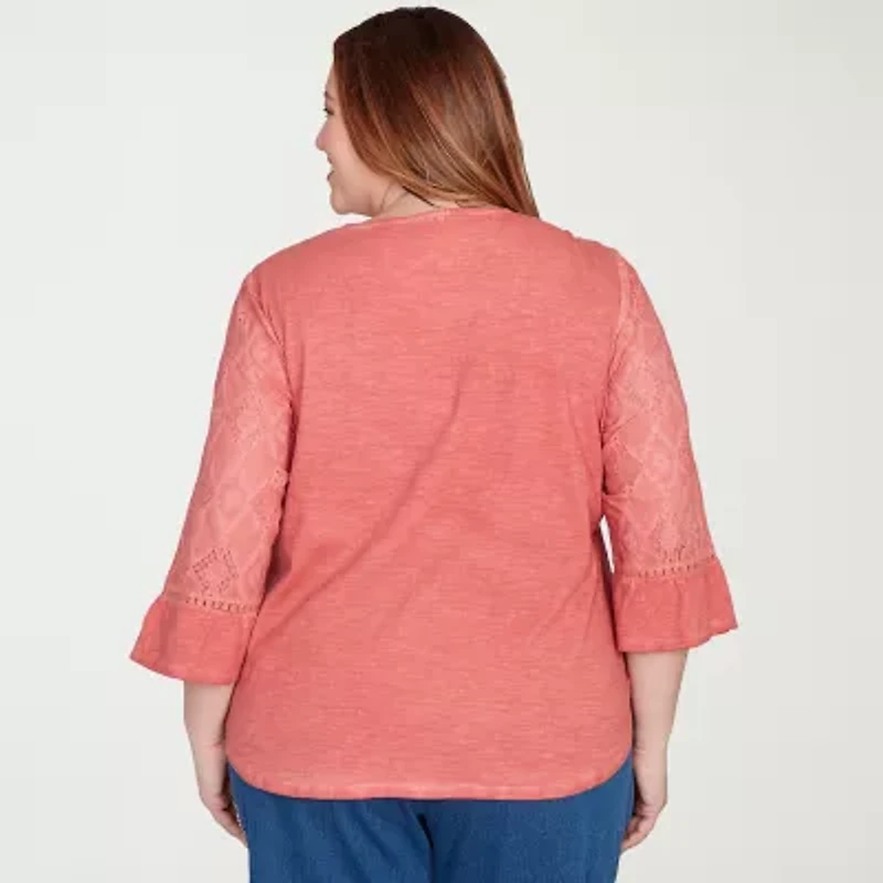 Alfred Dunner El Paso Womens Crew Neck 3/4 Sleeve Plus T-Shirt