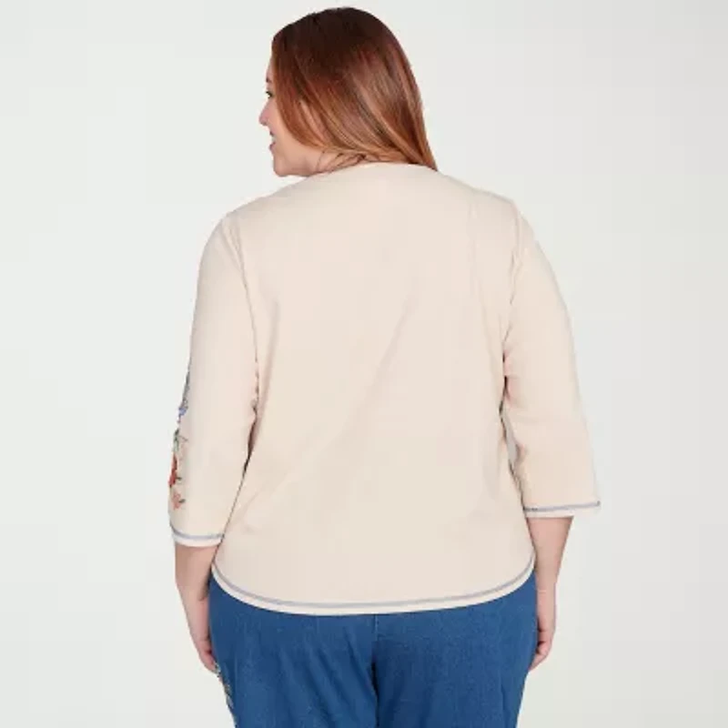 Alfred Dunner El Paso Womens Round Neck 3/4 Sleeve Plus T-Shirt