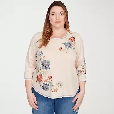 Alfred Dunner El Paso Womens Crew Neck 3/4 Sleeve Plus T-Shirt