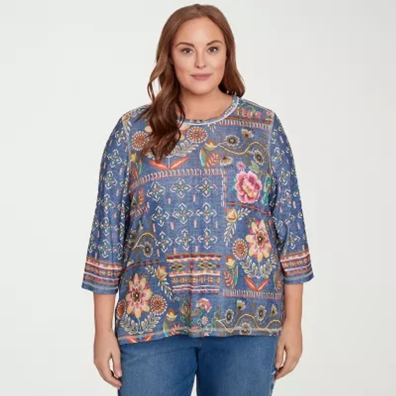 Alfred Dunner El Paso Womens Crew Neck 3/4 Sleeve Plus T-Shirt