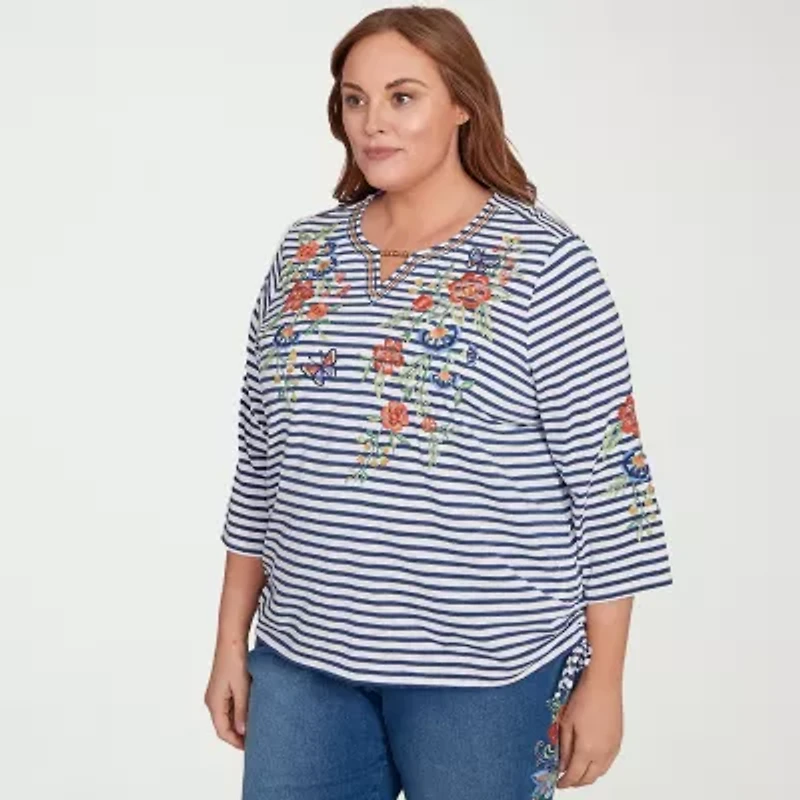 Alfred Dunner El Paso Womens Split Crew Neck 3/4 Sleeve Plus T-Shirt