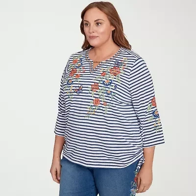 Alfred Dunner El Paso Womens Split Crew Neck 3/4 Sleeve Plus T-Shirt