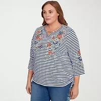 Alfred Dunner El Paso Womens Split Crew Neck 3/4 Sleeve Plus T-Shirt