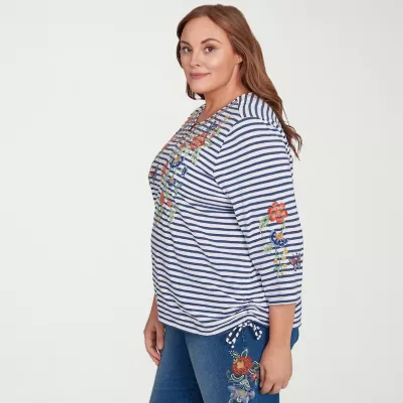 Alfred Dunner El Paso Womens Split Crew Neck 3/4 Sleeve Plus T-Shirt