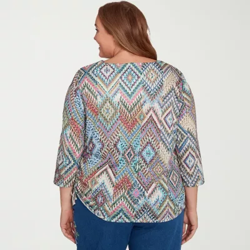 Alfred Dunner El Paso Womens Plus Crew Neck 3/4 Sleeve T-Shirt