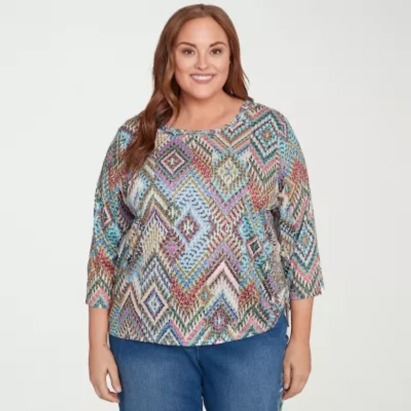 Alfred Dunner El Paso Womens Plus Crew Neck 3/4 Sleeve T-Shirt