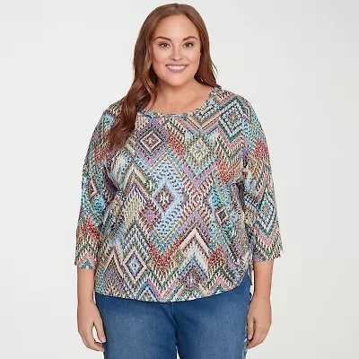Alfred Dunner El Paso Womens Plus Crew Neck 3/4 Sleeve T-Shirt