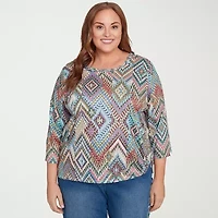 Alfred Dunner El Paso Womens Plus Crew Neck 3/4 Sleeve T-Shirt
